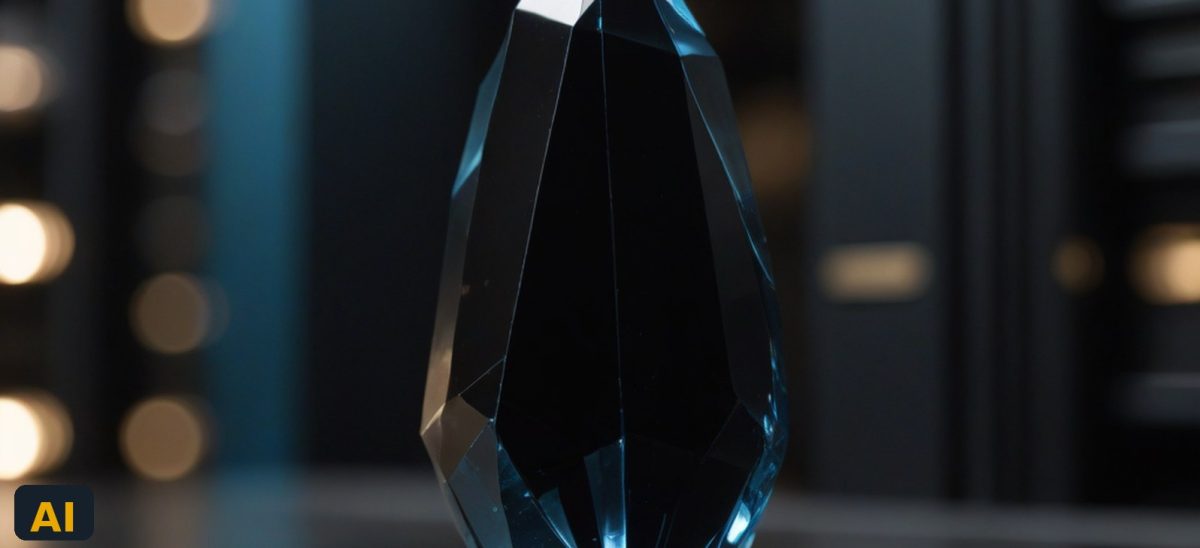 A faceted dark crystal standing on a server-room surface