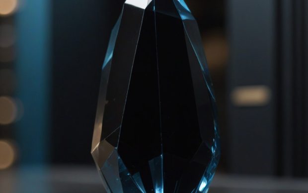 A faceted dark crystal standing on a server-room surface