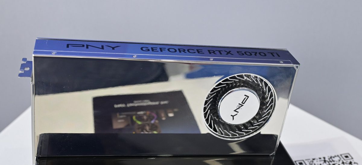 A PNY GeForce RTX 5070 Ti graphics card on a display stand