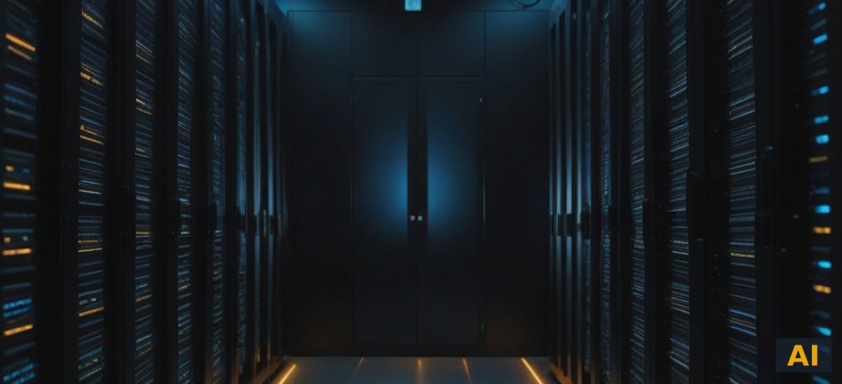 Rows of server racks in a dark data center aisle lit by blue and amber light