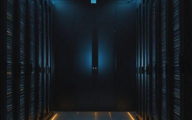 Rows of server racks in a dark data center aisle lit by blue and amber light