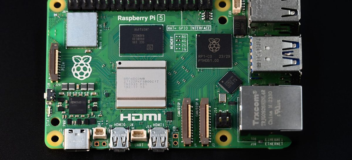 Raspberry Pi 5 single board computer on a white background